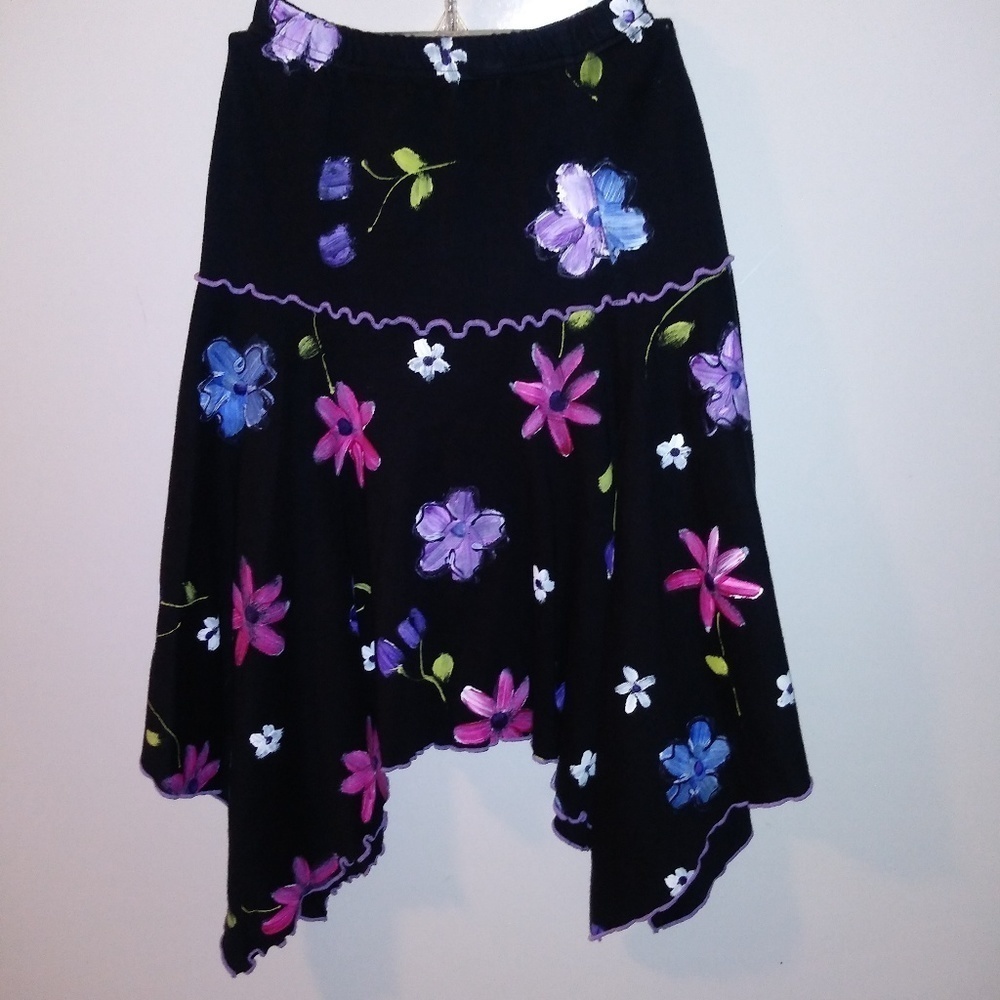 VTG hand painted skirt Knit NWOT Handkerchief hem purple trim flare stretch